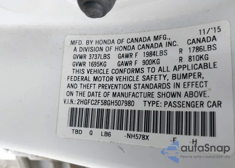 2016 Honda Civic Lx из США, поврежденный, VIN 2HGFC2F58GH507980